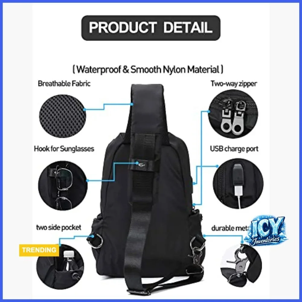 Lightweight Nylon Sling Backpack with USB Charger Port for Hiking Travel